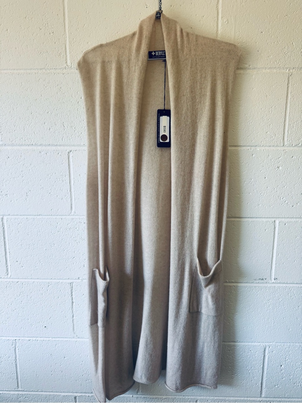 Beryll Tan Long Beige Open-Front Vest Cardigan